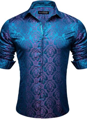 Barry.Wang Men Dress Shirts Paisley Silk Long Sleeve Button Big and Tall Down Shirt Fashion Leisure Wedding Party Prom