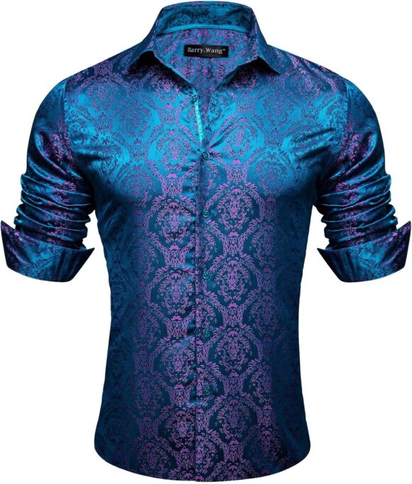 Barry.Wang Men Dress Shirts Paisley Silk Long Sleeve Button Big and Tall Down Shirt Fashion Leisure Wedding Party Prom