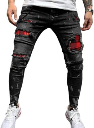 DELIMALI Men's Classic Ripped Jeans, Elastic Waist Stretch Skinny Distressed Denim Trousers Hip Hop Pants Streetwear