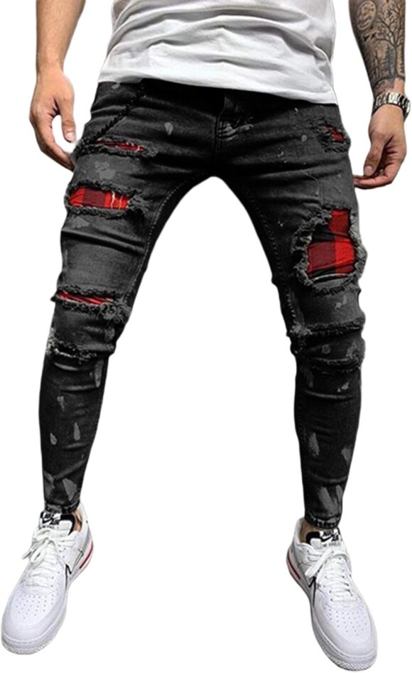 DELIMALI Men's Classic Ripped Jeans, Elastic Waist Stretch Skinny Distressed Denim Trousers Hip Hop Pants Streetwear