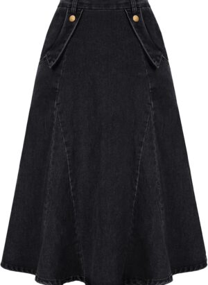 Belle Poque Women Denim Skirt Elastic High Waist Vintage A-line Midi Skirt with Pockets