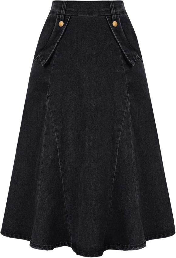 Belle Poque Women Denim Skirt Elastic High Waist Vintage A-line Midi Skirt with Pockets