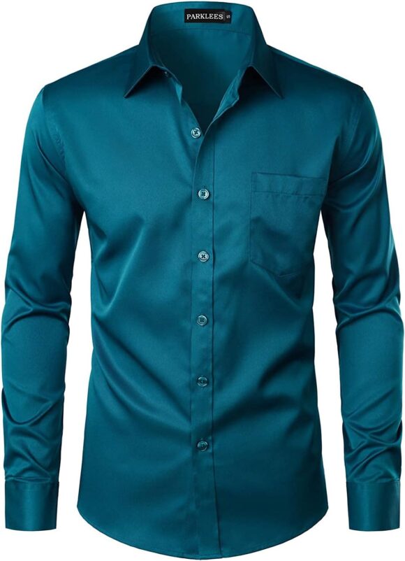 PARKLEES Men's Urban Stylish Casual Business Slim Fit Long Sleeve Button Up Dress Shirt with Pocket