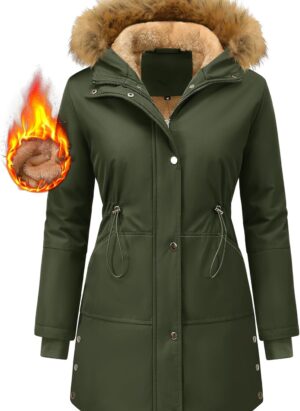 UMIPUBO Womens Coats Winter Warm Parka Coat Fleece Lined Hooded Jacket Thick Long Sleeve Overcoats Windproof Zip Up Trench Coats Outerwear with Pockets for Ladies