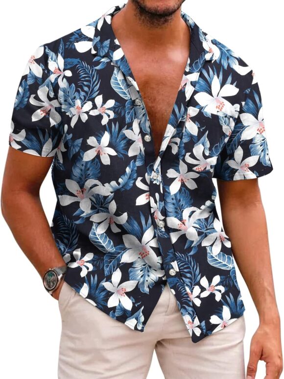 COOFANDY Mens Hawaiian Shirt Flower Shirts Short Sleeve No Iron Casual Beach Summer Shirt Regular Fit Vacation Shirts