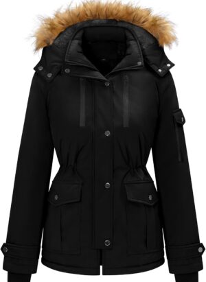 TOMEEK Women's Coats Winter Parka Jacket Fleece Lined Thick Coat with Pockets Warm Hooded Outerwear with Fur Hood Windproof Padded Overcoat for Outdoor Sports