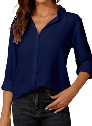 SPRING SEAON Womens Blouse Long Sleeve Chiffon V-Neck Button Down Shirt Casual Office Work Tops for Ladies