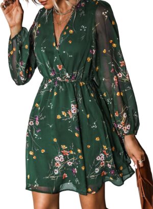 CUPSHE Women's Floral Print Chiffon A-Line Mini Dress Long Peasant Sleeves Elastic Autumn Dress