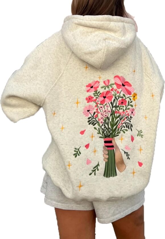 YILEEGOO Y2k Hoodies for Women Teen Girls Embroidery Graphic Flower Oversized Hooded Sweatshirts Vintage Floral Sweater Pullover Tops