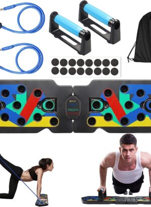 20 in 1 Press Up Board with Resistance Bands，Different color-coded pushups board target specific muscle exercise (Blue for Chest/Red for Shoulders/Yellow for Back/Green for Triceps).