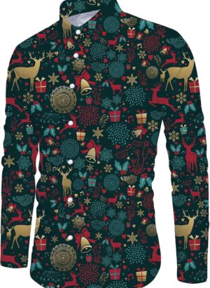 ALISISTER Mens Christmas Shirt 3D Funny Printed Long Sleeve Xmas Party Theme Dress Shirt M-XXL