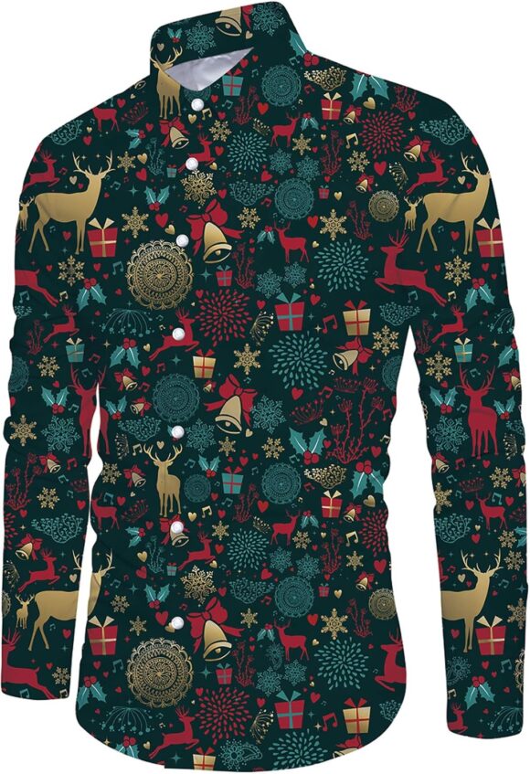 ALISISTER Mens Christmas Shirt 3D Funny Printed Long Sleeve Xmas Party Theme Dress Shirt M-XXL