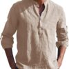 AUDATE Men's Shirts Long Sleeve Solid Shirt Casual Cotton Shirt Beach Yoga Henley Shirts Tops