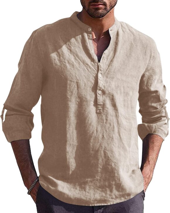 AUDATE Men's Shirts Long Sleeve Solid Shirt Casual Cotton Shirt Beach Yoga Henley Shirts Tops