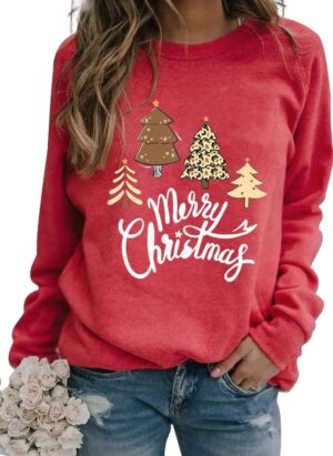 Achinel Womens Christmas Top Long Sleeve Sweatshirts Ladies Xmas Tops Sparkly Wine Glass Shirts Casual Merry Chirtsmas Blouse