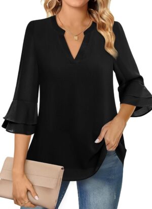 Akiooue Ladies Blouses 3/4 Bell Sleeve Tunic Tops Casual Dressy V Neck Double Layered Chiffon Work Blouse Shirts S-3XL