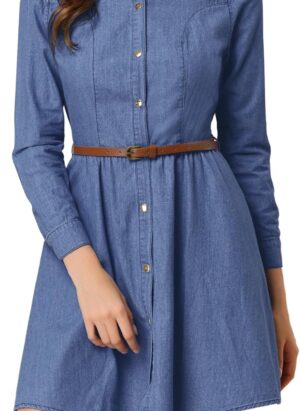 Allegra K Women's Denim Belted Flared Above Knee Shirt Dress