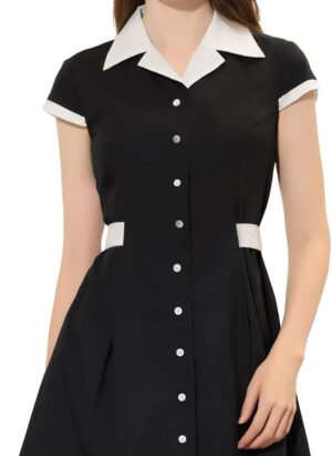 Allegra K Women's Vintage Button Down Dress Flat Collar Belted Office Mini Shirt Dress