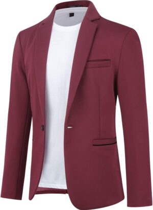 Allthemen Mens One Button Blazer Casual Slim Fit Blazer Jacket Lightweight Suit Jackets Wine Red L