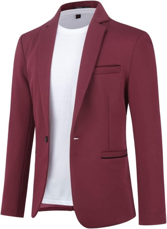 Allthemen Mens One Button Blazer Casual Slim Fit Blazer Jacket Lightweight Suit Jackets Wine Red L