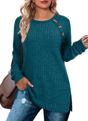 Aokosor Long Sleeve Tops Women Lightweight Jumpers Ladies Button Side Splits Tunic