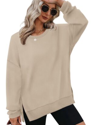 Aokosor Sweatshirts for Women Oversized Jumpers Ladies Crewneck Long Sleeve Tops Side Split