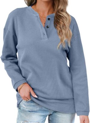 Aokosor Womens Long Sleeve Tops Ladies Loose Sweatshirts with Buttons Plain Jumpers