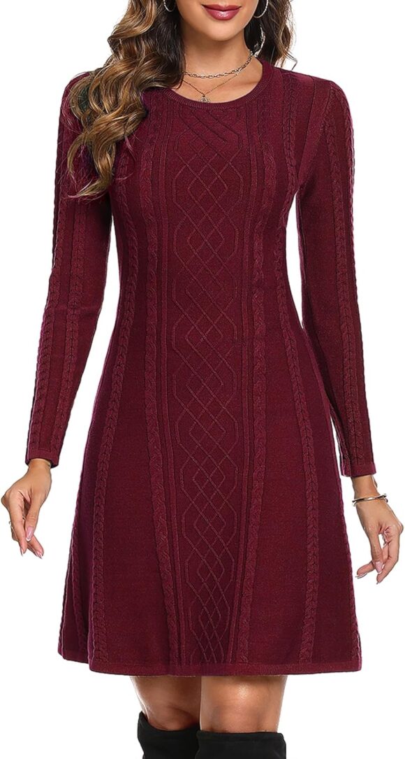 Aottori Winter Jumper Dress for Women UK Round Neck Knitted Sweater Dresses Ladies Long Sleeve Bodycon Casual Party Tunic Dresses