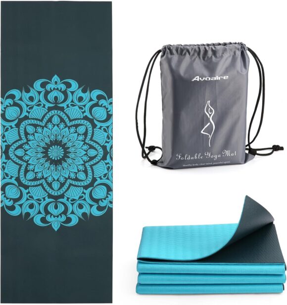 Avoalre Foldable Yoga Mat Travel Non Slip Portable Gym Mats for Pilates Fitness Exercise Mat for Women Men with Travel Carry Bag