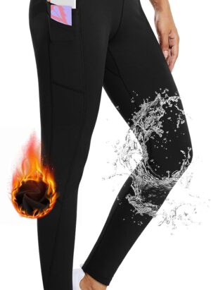 BALEAF Women's Fleece Lined Leggings Water Resistant High Waisted Thermal Winter Running Hiking Sports Trousers with Pockets