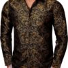 Barry.Wang Men Dress Shirts Paisley Silk Long Sleeve Button Big and Tall Down Shirt Fashion Leisure Wedding Party Prom