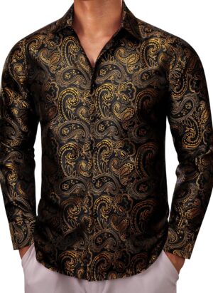 Barry.Wang Men Dress Shirts Paisley Silk Long Sleeve Button Big and Tall Down Shirt Fashion Leisure Wedding Party Prom