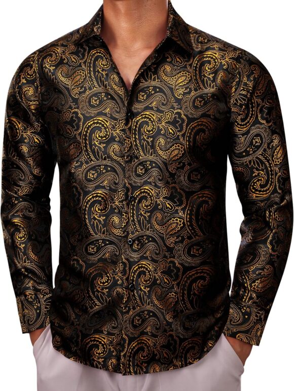 Barry.Wang Men Dress Shirts Paisley Silk Long Sleeve Button Big and Tall Down Shirt Fashion Leisure Wedding Party Prom