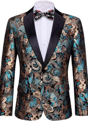 Barry.Wang Men's Suit Paisley Embroidery Casual Blazer Jacket Single-Breasted Wedding Business Coat