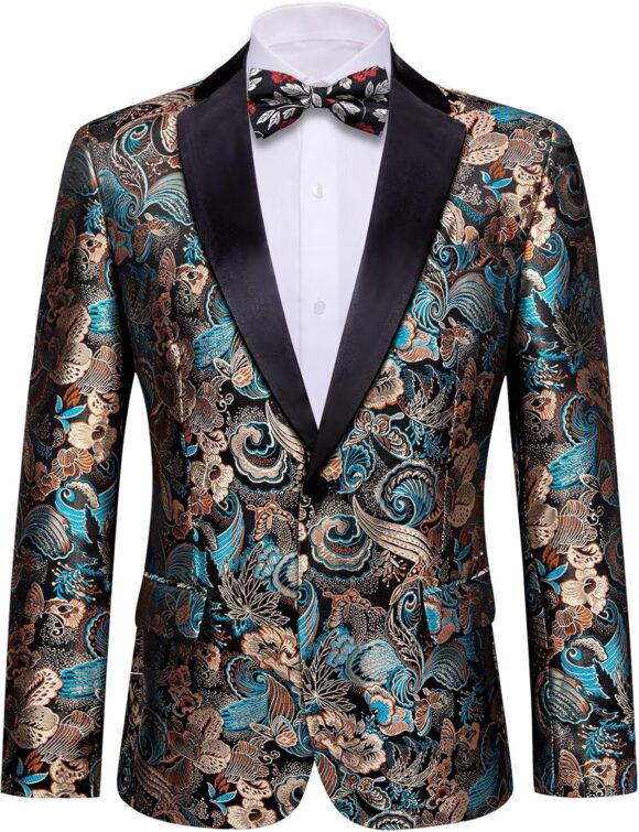 Barry.Wang Men's Suit Paisley Embroidery Casual Blazer Jacket Single-Breasted Wedding Business Coat