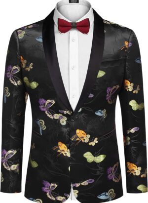 COOFANDY Men's Floral Tuxedo Jacket Luxury Embroidered Stylish Suit Blazer Jacket for Wedding Party Dinner, Black-butterfly, L