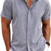 COOFANDY Mens Linen Shirts Short Sleeved Summer Regular Fit Cotton Shirt Button Down Hawaiian Holiday Tops