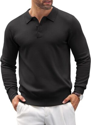 COOFANDY Mens Polo Jumper Long Sleeve Poloshirts Knitted Sweater Basic Sweatshirts Warm Pullover Solid Color