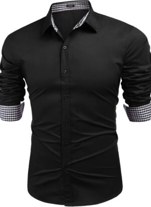 COOFANDY Shirts for Men Long Sleeve Formal Solid Slim Fit Button Down Dress Shirts for Wedding Party Black XXXL