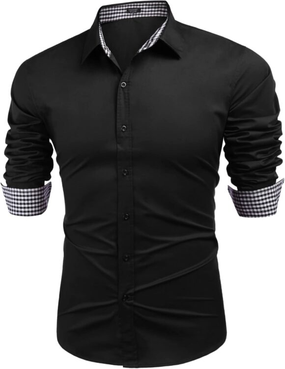 COOFANDY Shirts for Men Long Sleeve Formal Solid Slim Fit Button Down Dress Shirts for Wedding Party Black XXXL