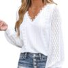 CUPSHE Women Blouse Cutout Scalloped Lace Top Long Lace Sleeves V Neck Banded Cuffs Chic Elegance Shirt