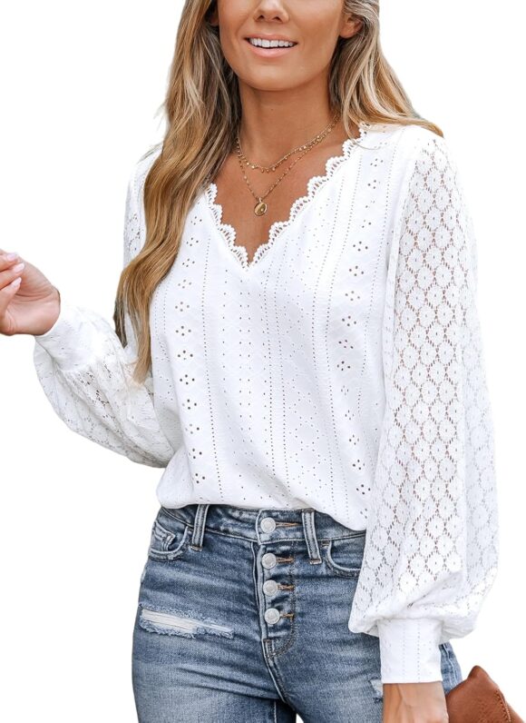 CUPSHE Women Blouse Cutout Scalloped Lace Top Long Lace Sleeves V Neck Banded Cuffs Chic Elegance Shirt