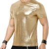 Casey Kevin Mens Metallic T-Shirts 70s Disco Outfits for Mens Holographic Short Sleeve Shiny Tops