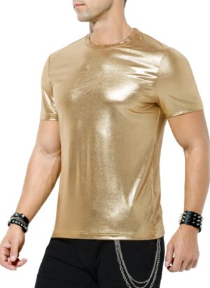 Casey Kevin Mens Metallic T-Shirts 70s Disco Outfits for Mens Holographic Short Sleeve Shiny Tops