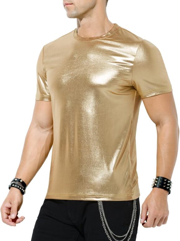 Casey Kevin Mens Metallic T-Shirts 70s Disco Outfits for Mens Holographic Short Sleeve Shiny Tops