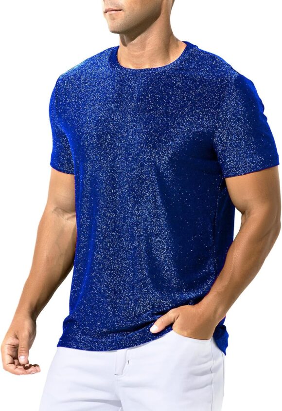 Casey Kevin Men's Shiny Shirts Short Sleeve Sparkly Disco Rave Hot Tops Nightclub Glitter T-Shirt