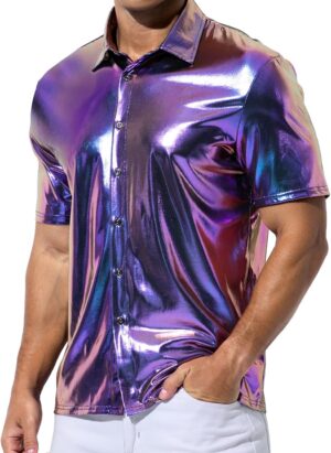 Casey Kevin Men's Short Sleeve Shirt Shiny Metallic Collared T-Shirt Sparkly Nightclub Sexy Button Down Disco Rock Party Shirts