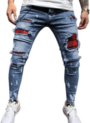 DELIMALI Men's Classic Ripped Jeans, Elastic Waist Stretch Skinny Distressed Denim Trousers Hip Hop Pants Streetwear