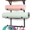 DOCMON Yoga Mat Holder, Wall Mount Yoga Mat Rack Home Gym Accessories, Storage for Foam Roller, with Wood Floating Shelves and 5 Hooks for Hanging Yoga Strap and Resistance Bands