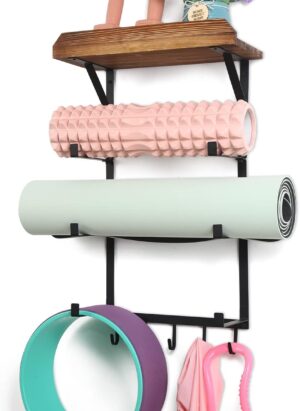 DOCMON Yoga Mat Holder, Wall Mount Yoga Mat Rack Home Gym Accessories, Storage for Foam Roller, with Wood Floating Shelves and 5 Hooks for Hanging Yoga Strap and Resistance Bands